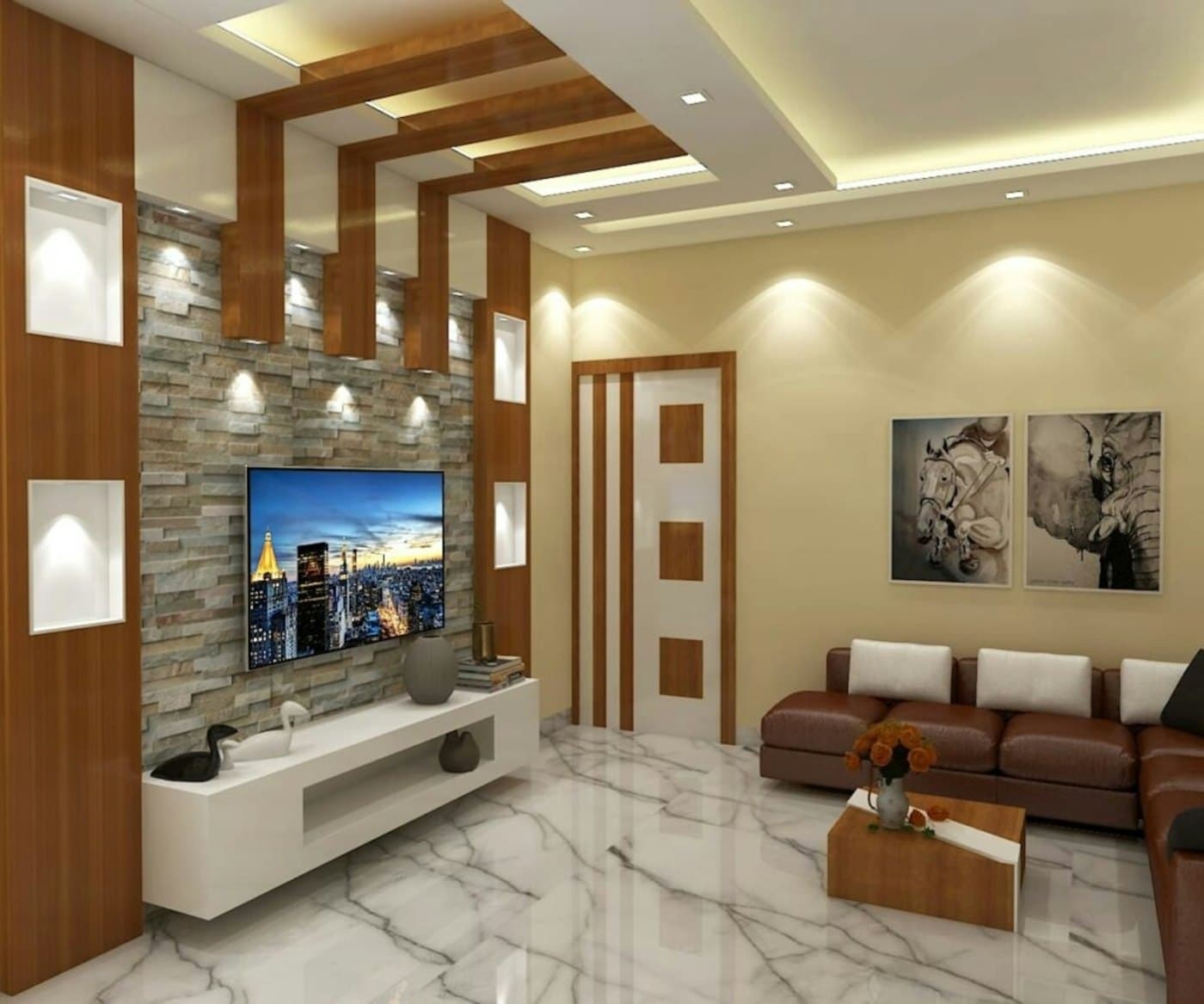 Living room with a plaster feature ceiling and recessed lights