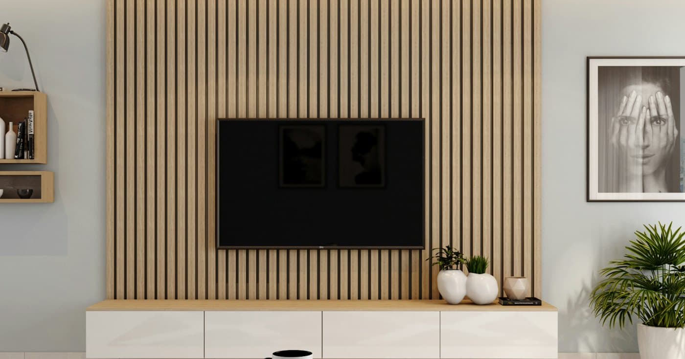 TV feature wall finished with vertical timber fluted panels